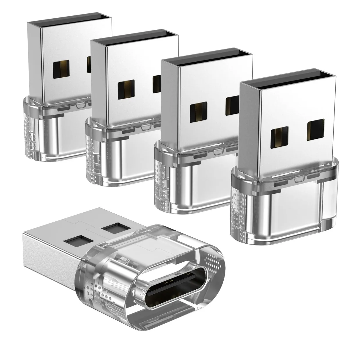 Five clear USB-A to USB-C adapters, small rectangular shape, translucent finish