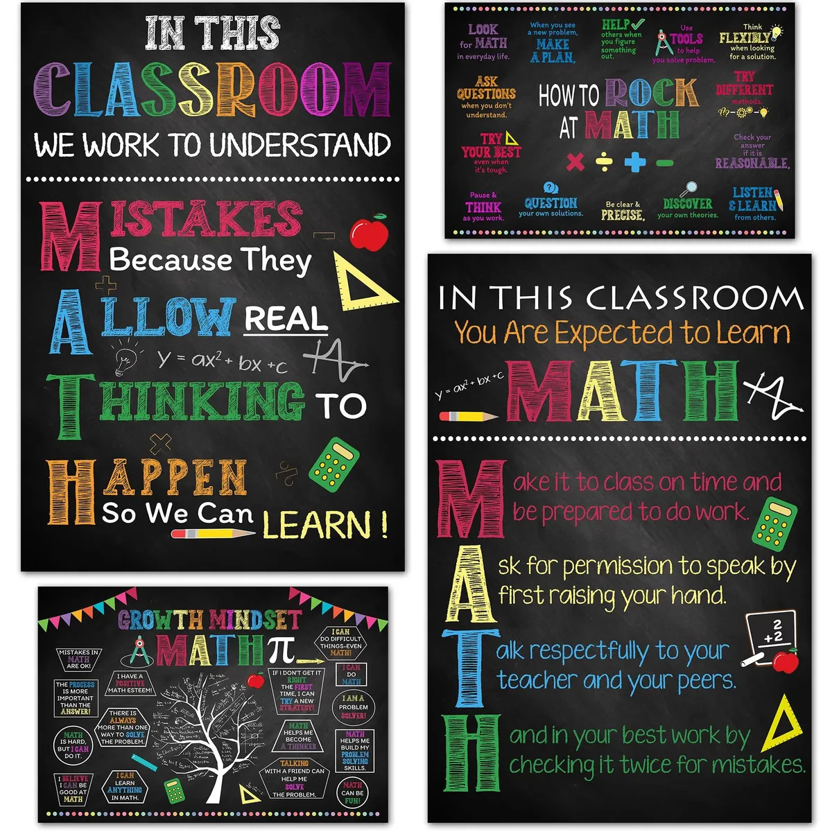 Four 11x17 inch math posters with chalkboard design