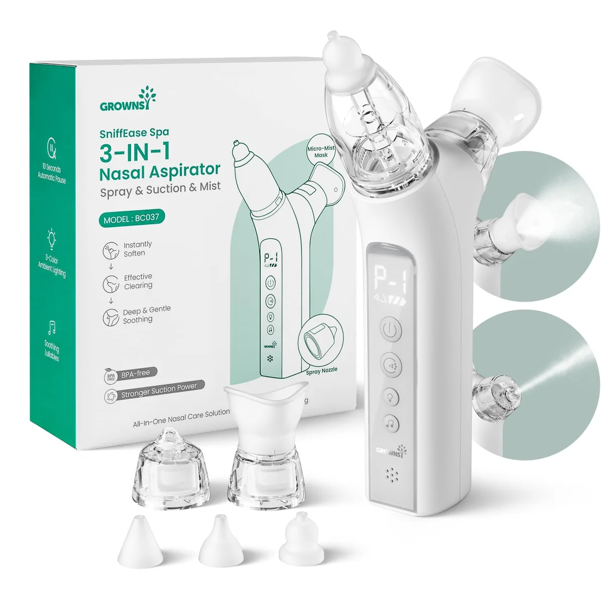 Grey electric nasal aspirator with spray, suction and mist functions, rounded rectangular body, soft-light panel and control buttons