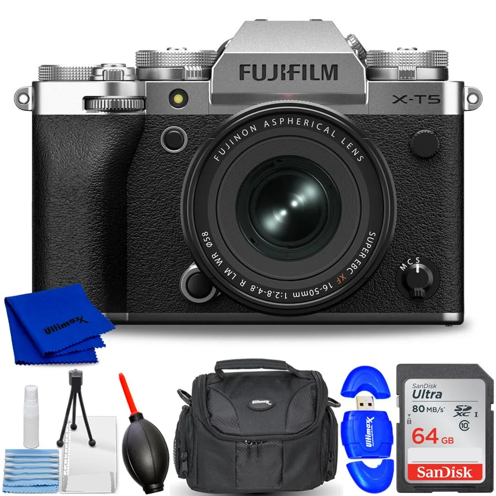 FUJIFILM FUJIFILM X-T5 40MP compact mirrorless camera with XF 16-50mm f/2.8-4.8 lens Silver 7PC Kit — product photo