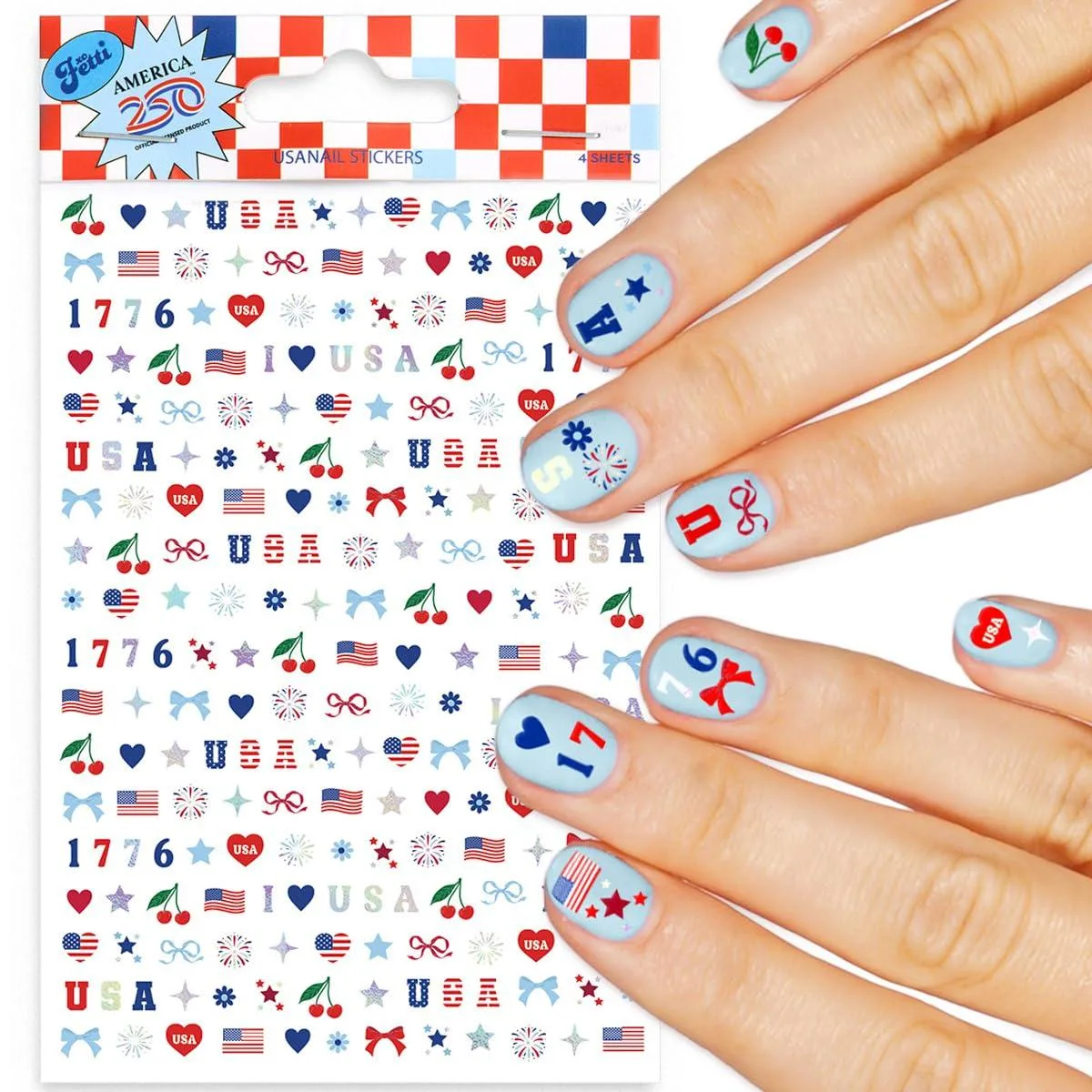 Four sheets of red white blue nail stickers with iridescent foil stars hearts cherries fireworks