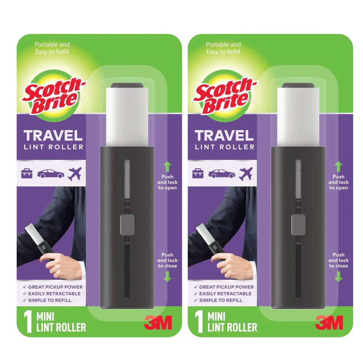 Two black and white retractable lint rollers, each 8.5 inches long with 30 sticky sheets