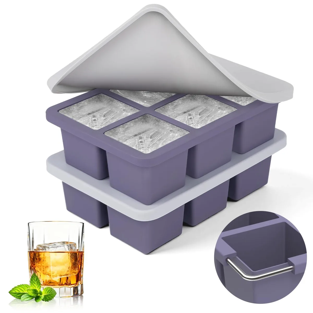 Two purple silicone ice cube trays with lids, each forming six large square cubes