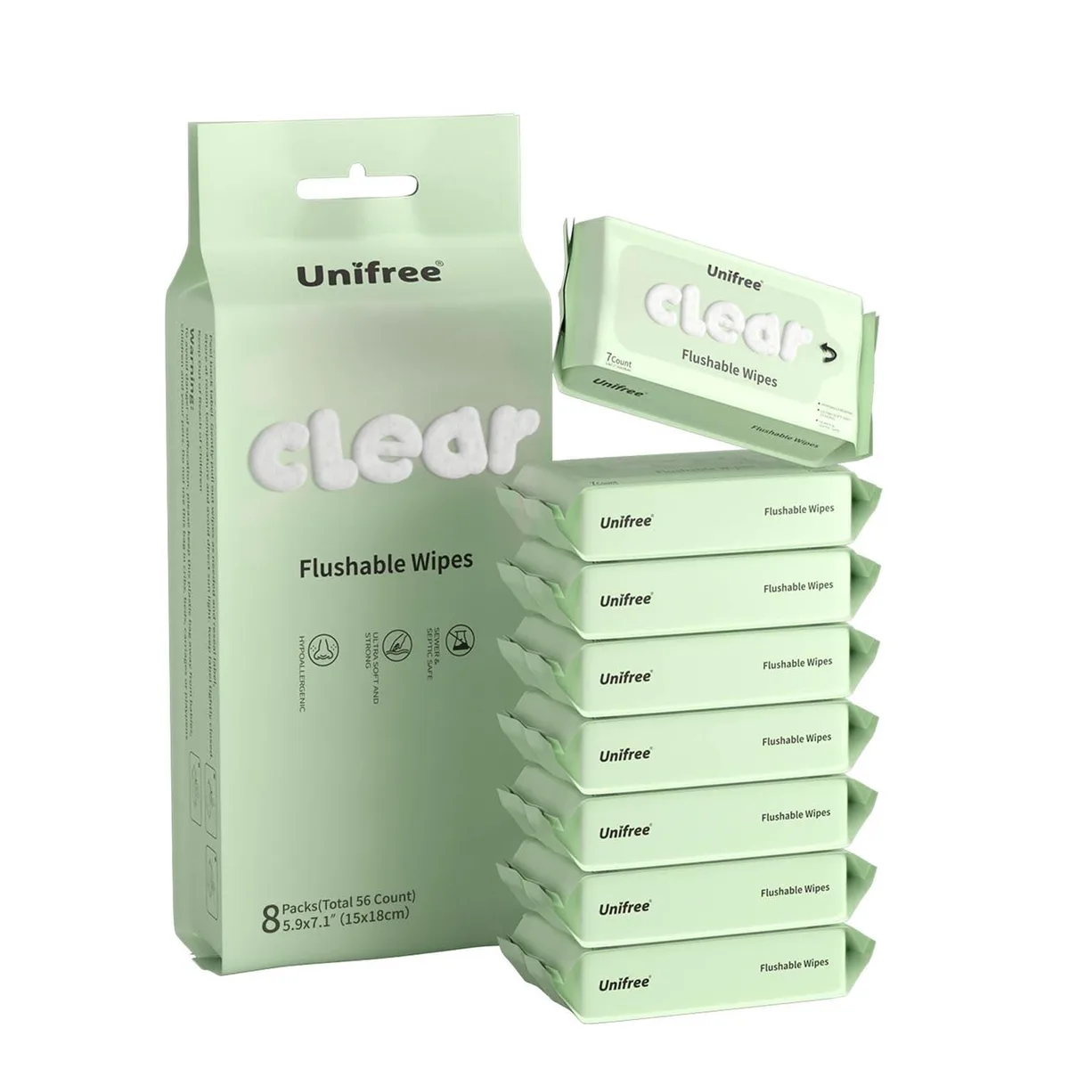Rectangular travel pack of eight flushable wipe pouches, white with green accents
