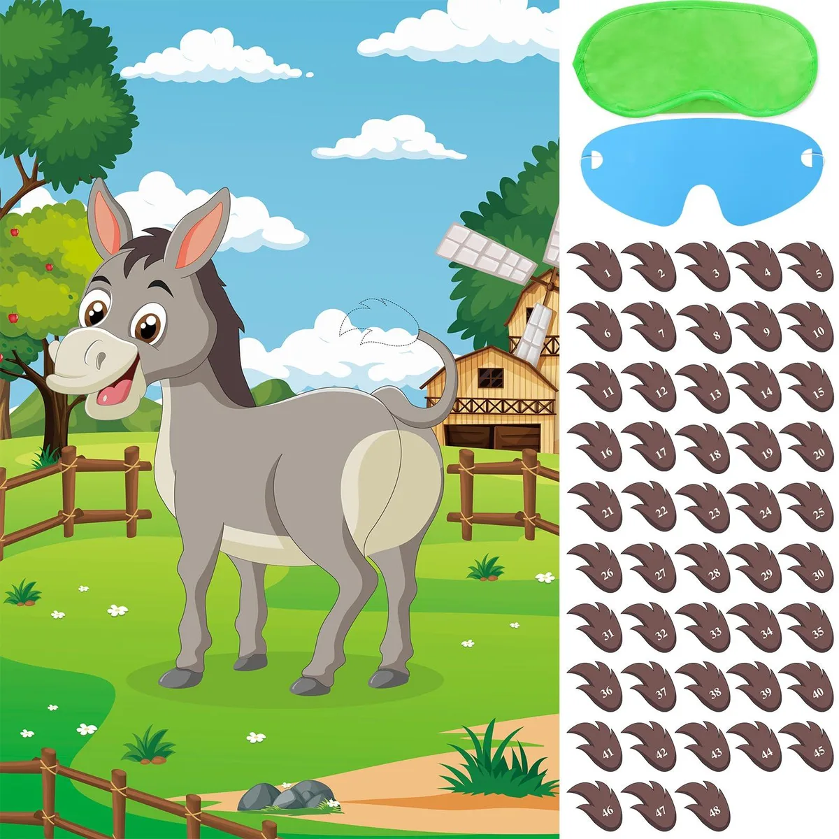 Large gold donkey poster with blindfolds and 48 tail stickers