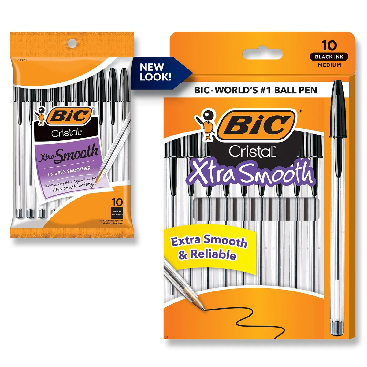 Clear hexagonal barrel with black ink visible inside, pocket clip, pack of ten