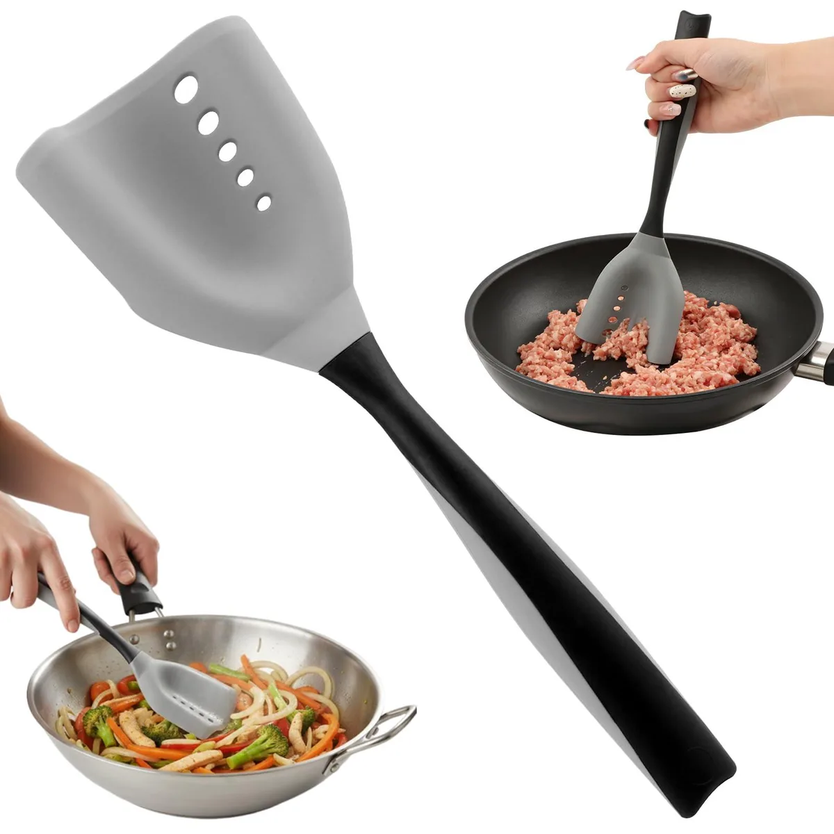 Silicone-coated nylon meat chopper spatula with perforated curved blade and ergonomic handle