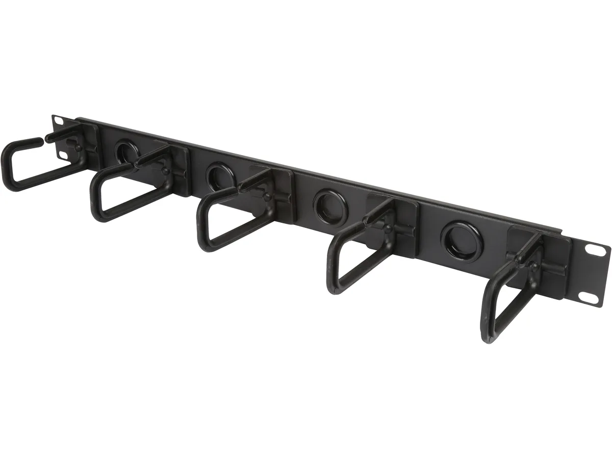Black 1U 19-inch horizontal cable manager with flexible rings