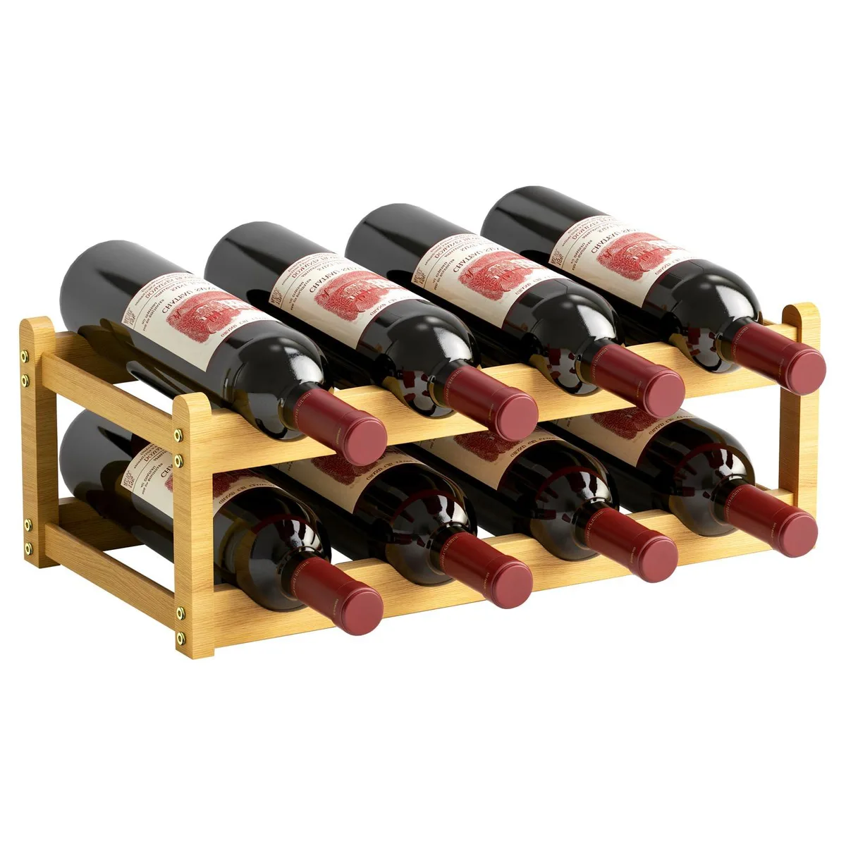 Two-tier bamboo wine rack holding eight bottles, natural wood finish, freestanding countertop design