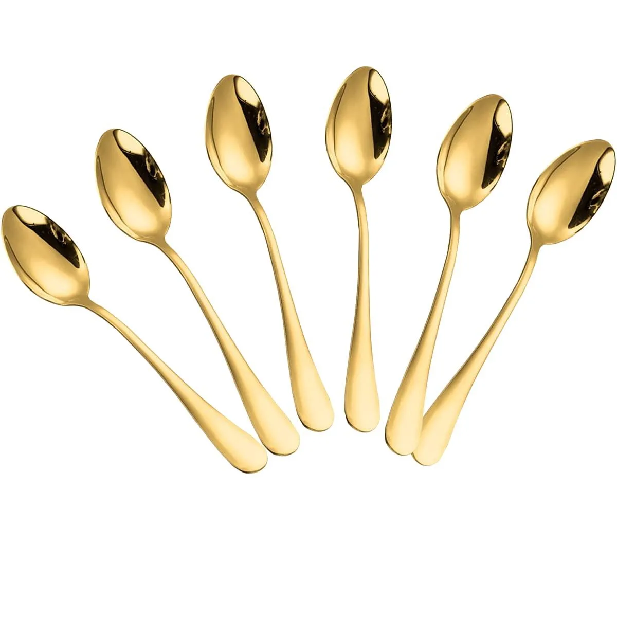 Sixteen gold stainless steel teaspoons lying flat, minimalist design, mirror finish