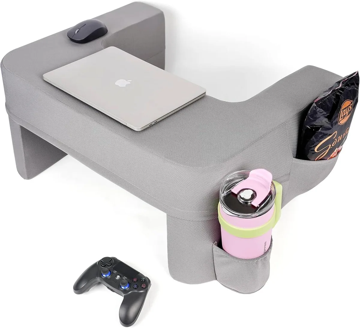 Gray lap desk pillow with cup holder and side pockets