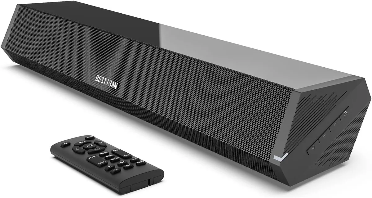 Compact 16 inch sound bar in black finish with front grille and rubber feet
