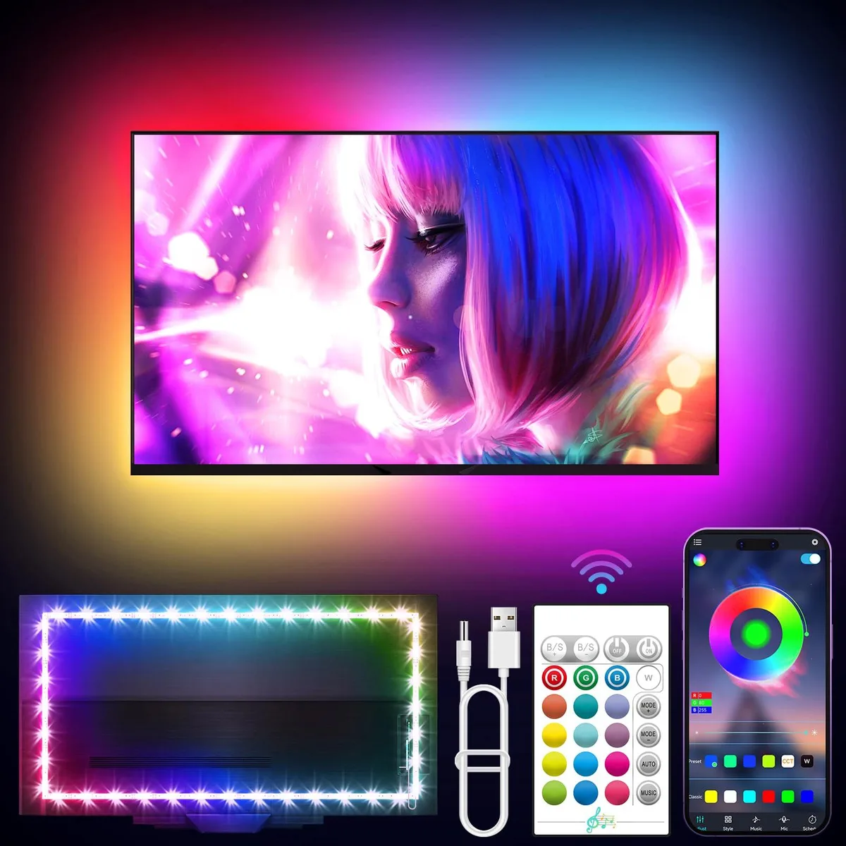 White LED light strip kit with mini receiver and USB plug, 9.84ft length for 32-43in TVs