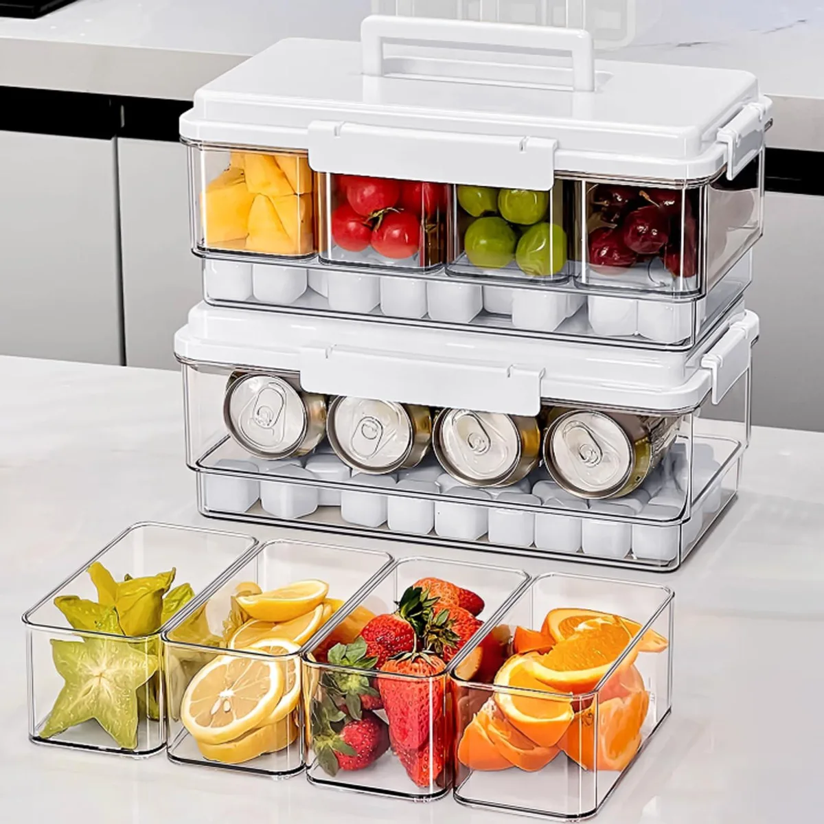 White rectangular two-pack condiment caddy with four removable lidded containers per tray and built-in handles