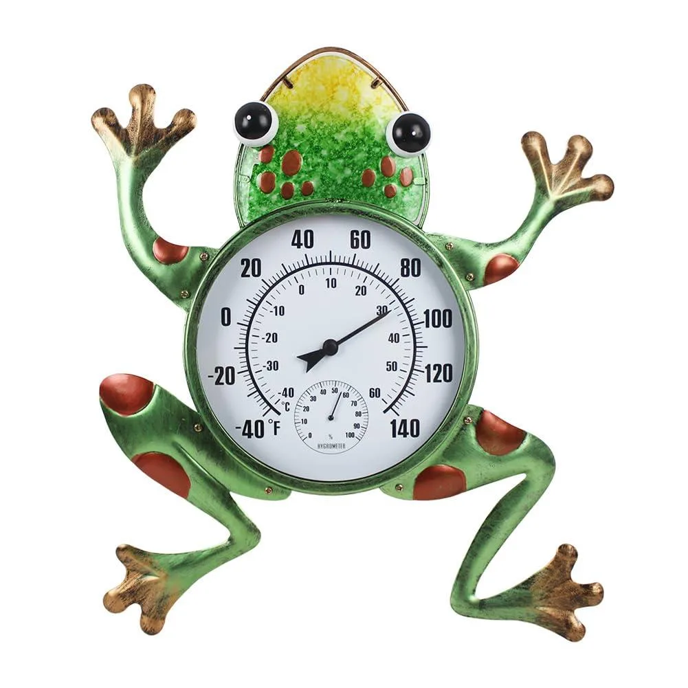 Green frog-shaped metal wall thermometer hygrometer 9.8-inch dial