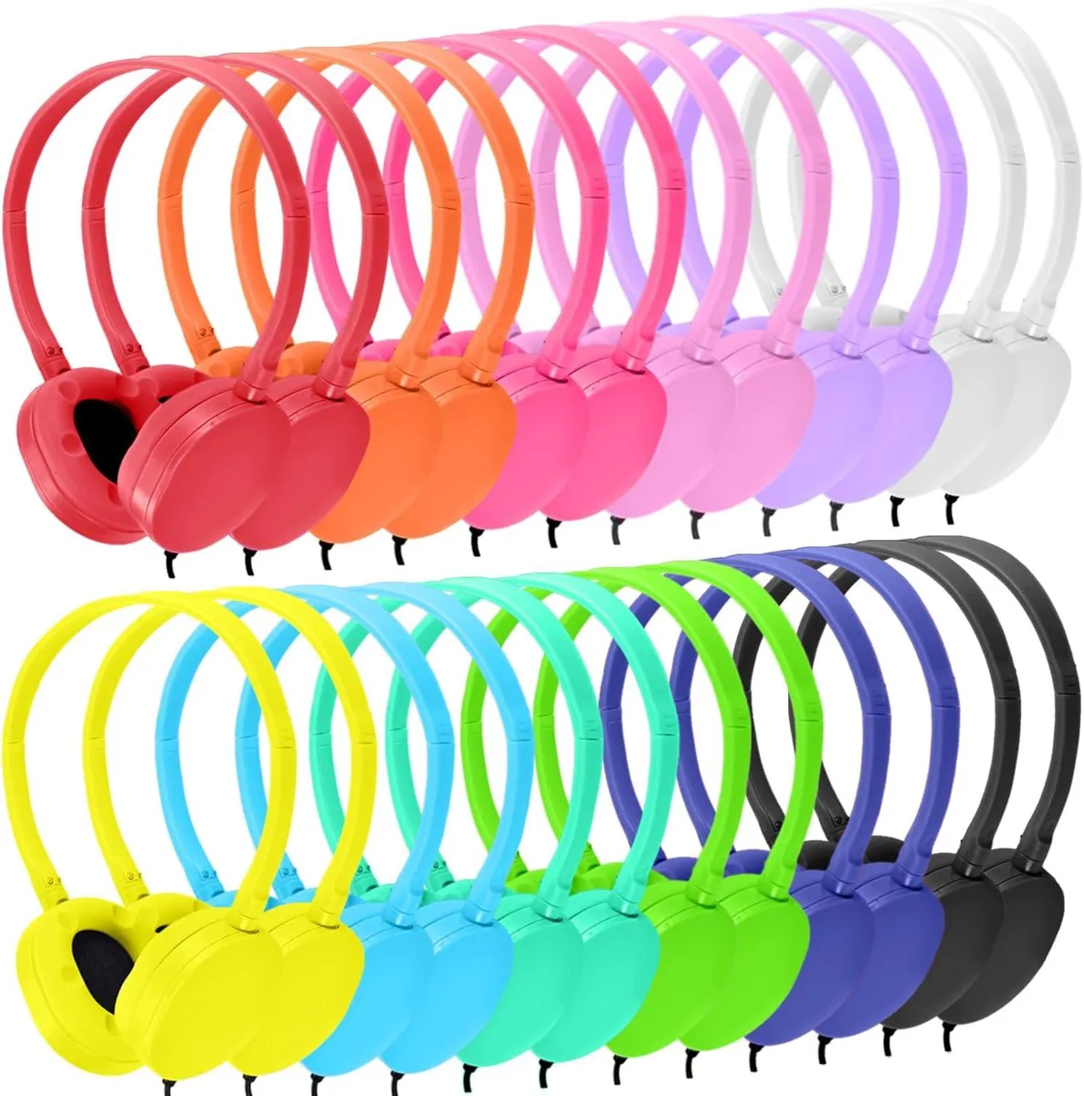 A bulk box of 48 wired on-ear headphones in 12 mixed colors with 3.5mm plugs