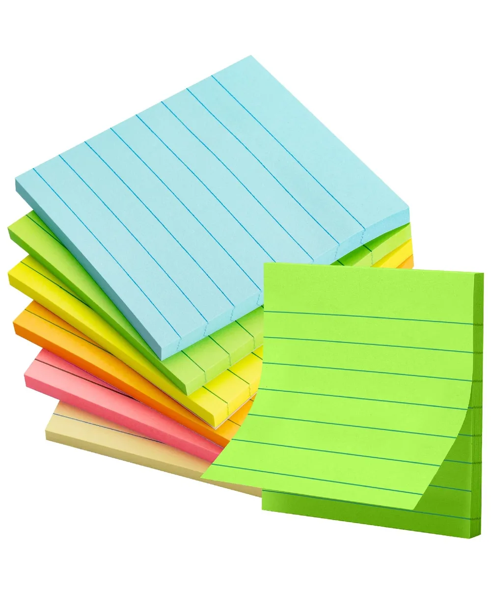 Six square pastel pads of lined sticky notes, 3 by 3 inches, 45 sheets each