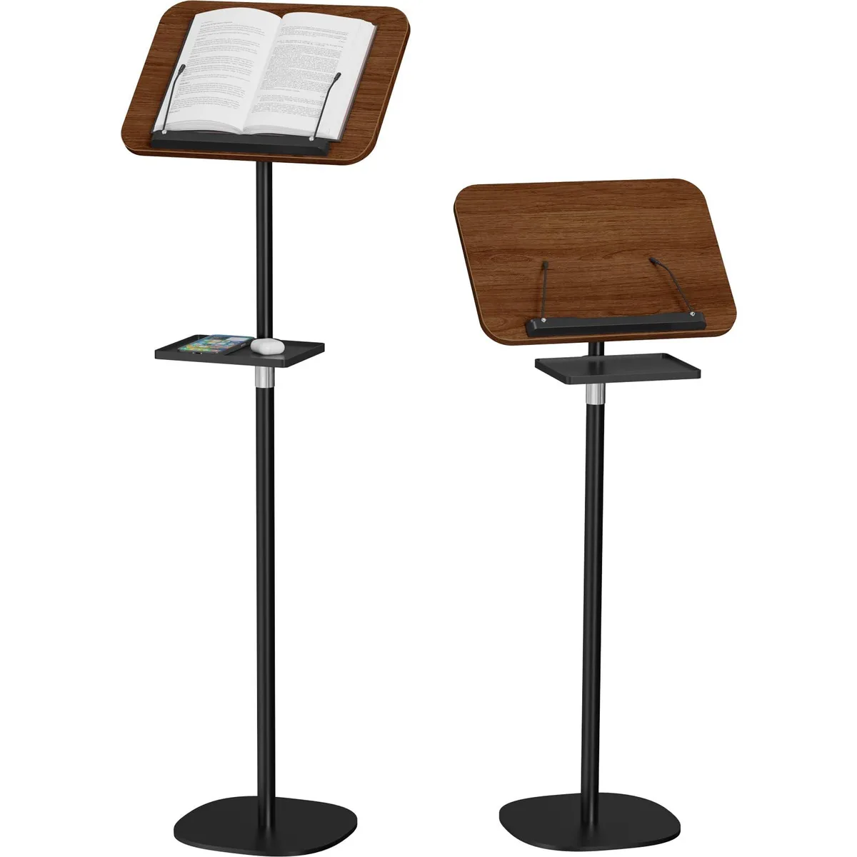 Freestanding walnut-brown engineered wood book stand with removable tray, height adjustable 21 to 51 inches