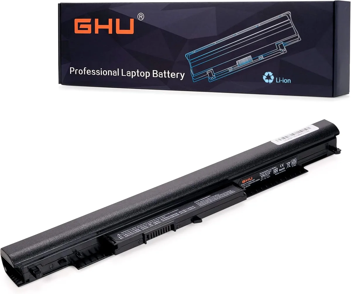 Rectangular black lithium-ion laptop battery with connector pins