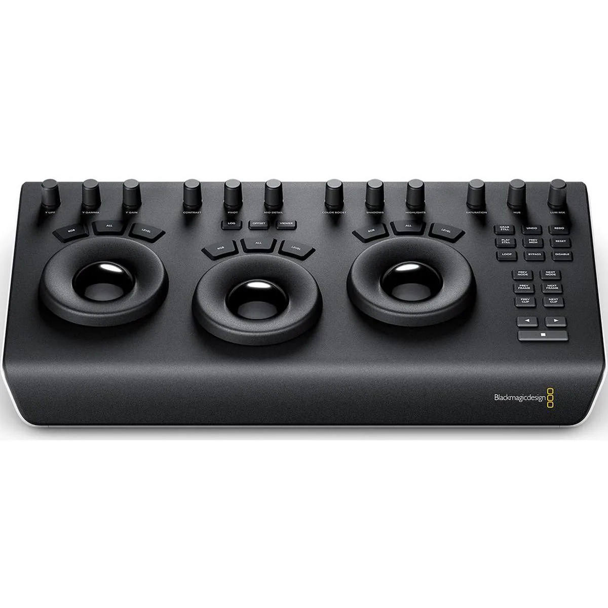 Compact color grading panel with three weighted trackballs, 12 machined knobs, 18 dedicated keys