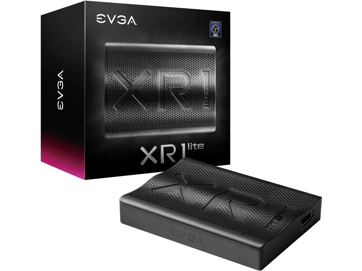 Small rectangular EVGA capture card with HDMI ports and USB-C connector