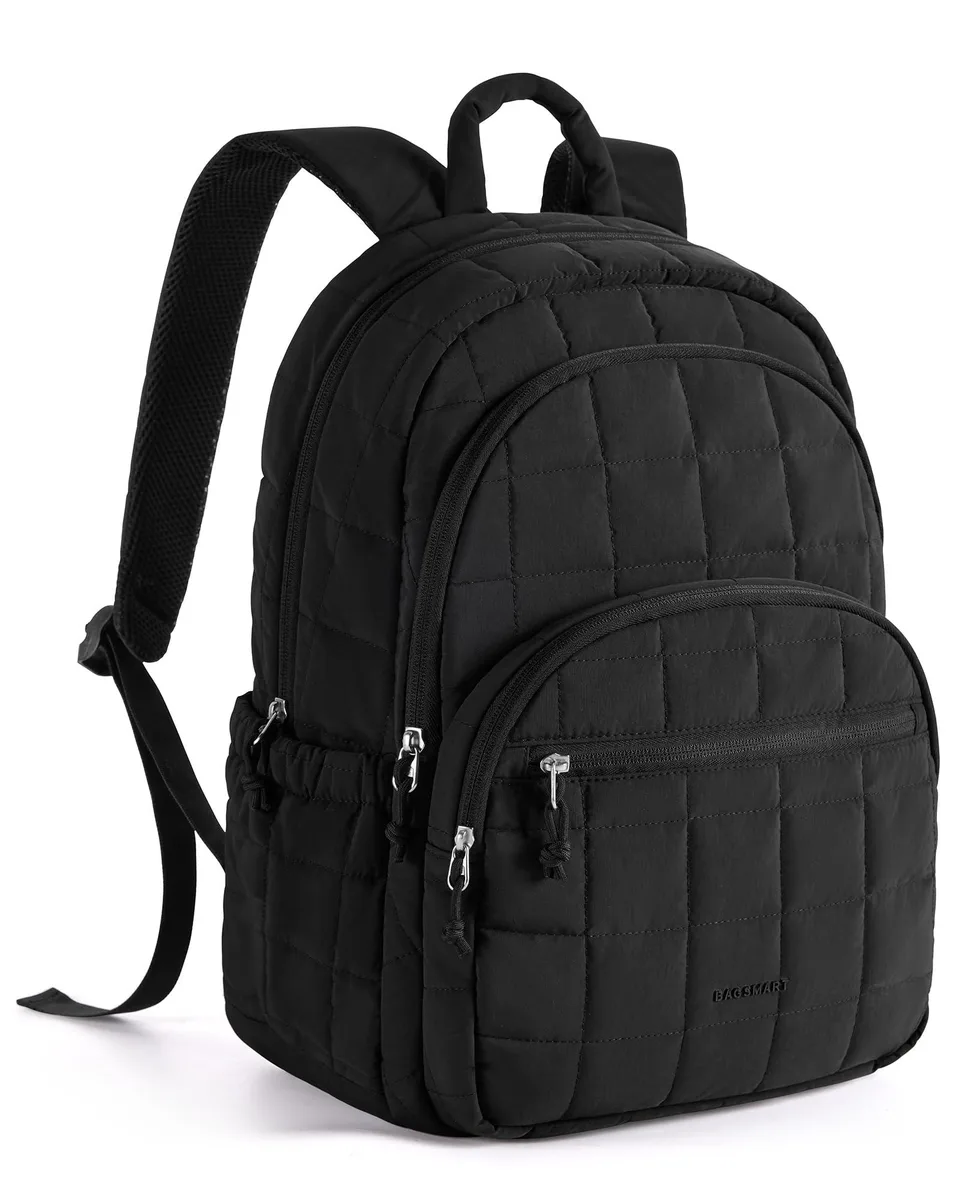 Beige quilted laptop backpack with padded straps and top handle