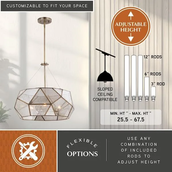 Vaxcel Vaxcel P0317 Euclid 3-Light Brass Mercury Glass Pendant — product photo