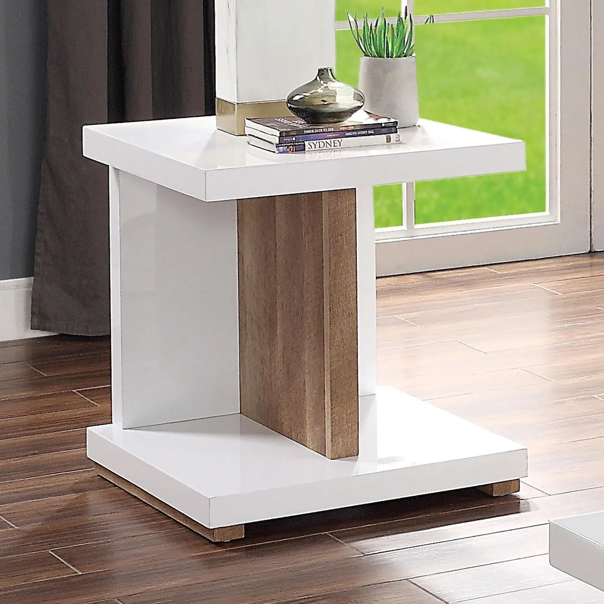 tuphen tuphen End Table Two-Tone White Natural Solid Wood Open Shelf High Gloss — product photo