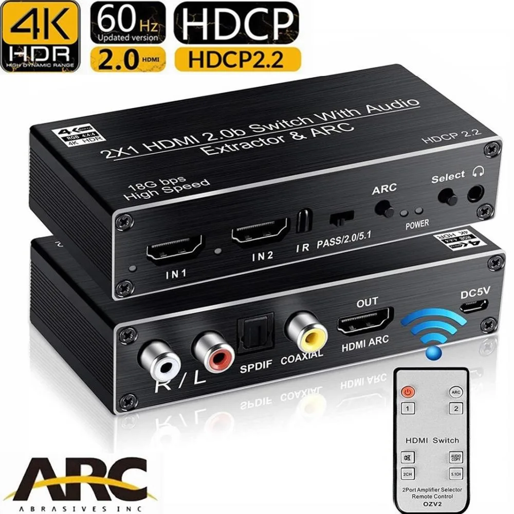 Black rectangular HDMI switch with multiple audio ports and IR remote