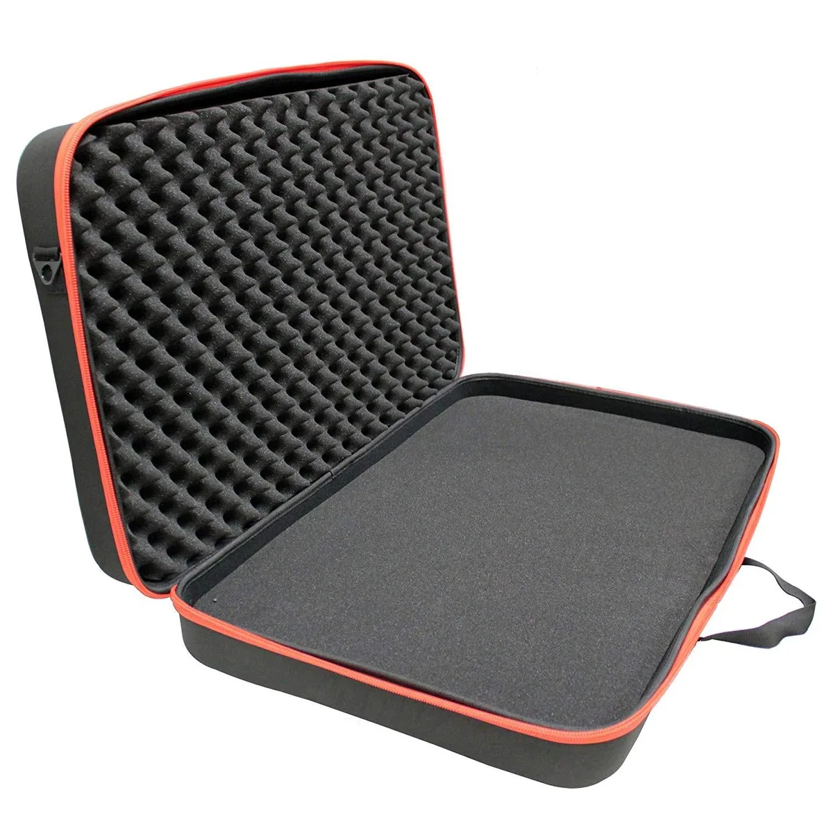 Black moulded EVA hard-shell case, rectangular with rounded corners, tough zipper around the edge