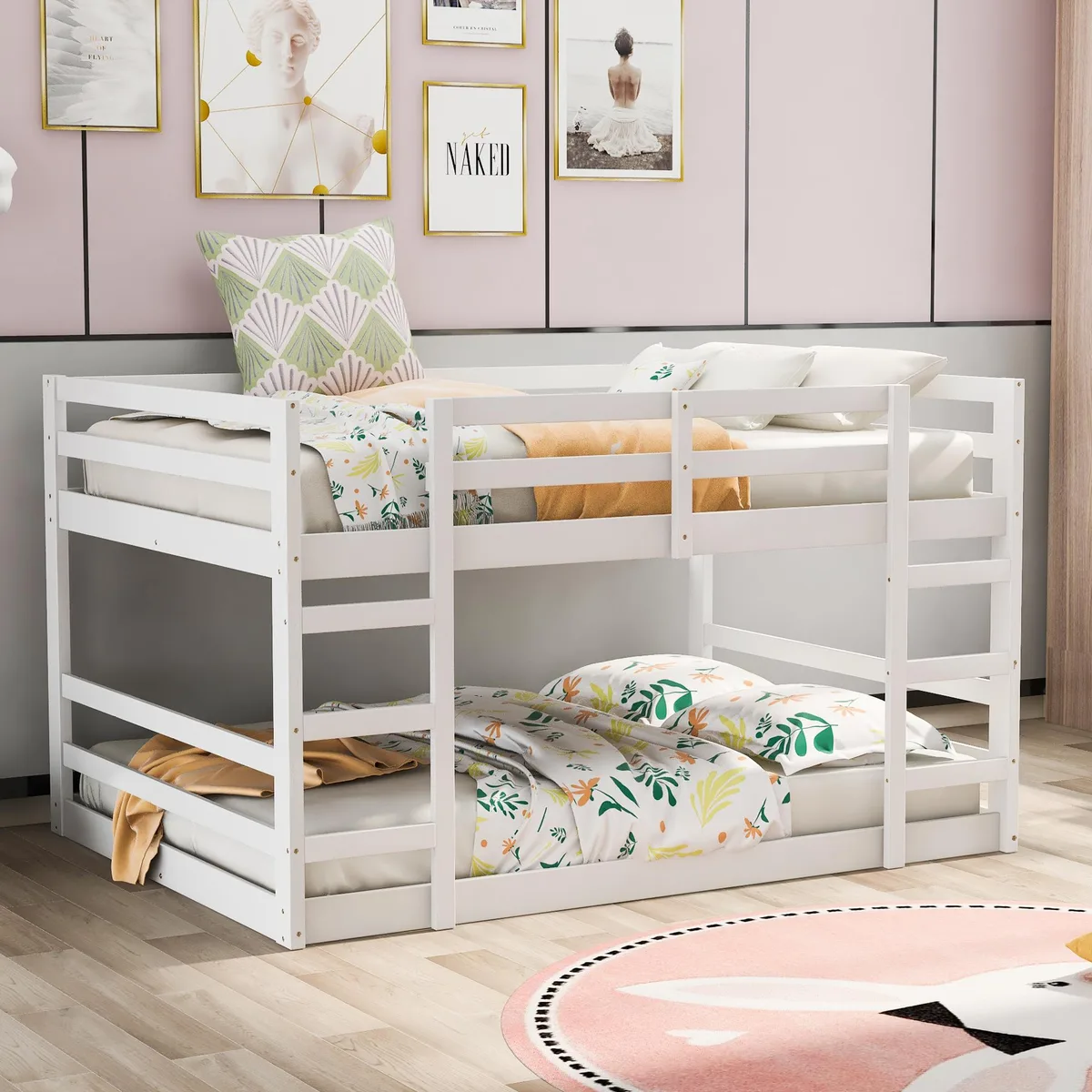 White solid-wood full-over-full bunk bed with ladder, 77.4" L x 58" W x 48" H