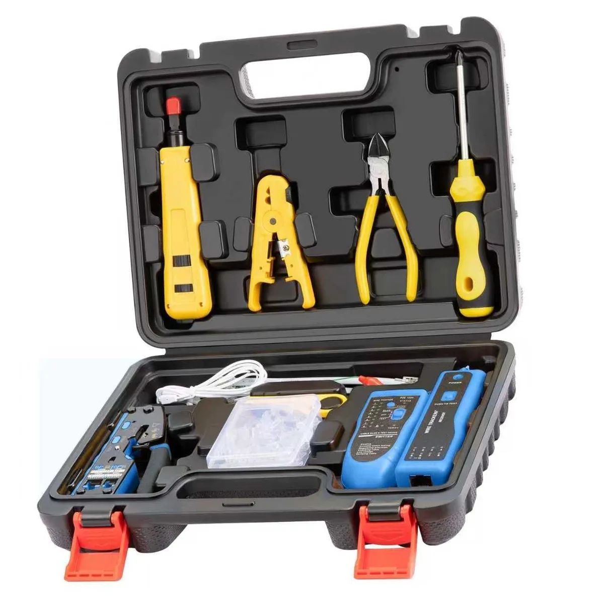 Black carrying case holding crimping tool, wire tracker, punchdown tool, connectors, cutter, stripper and screwdriver