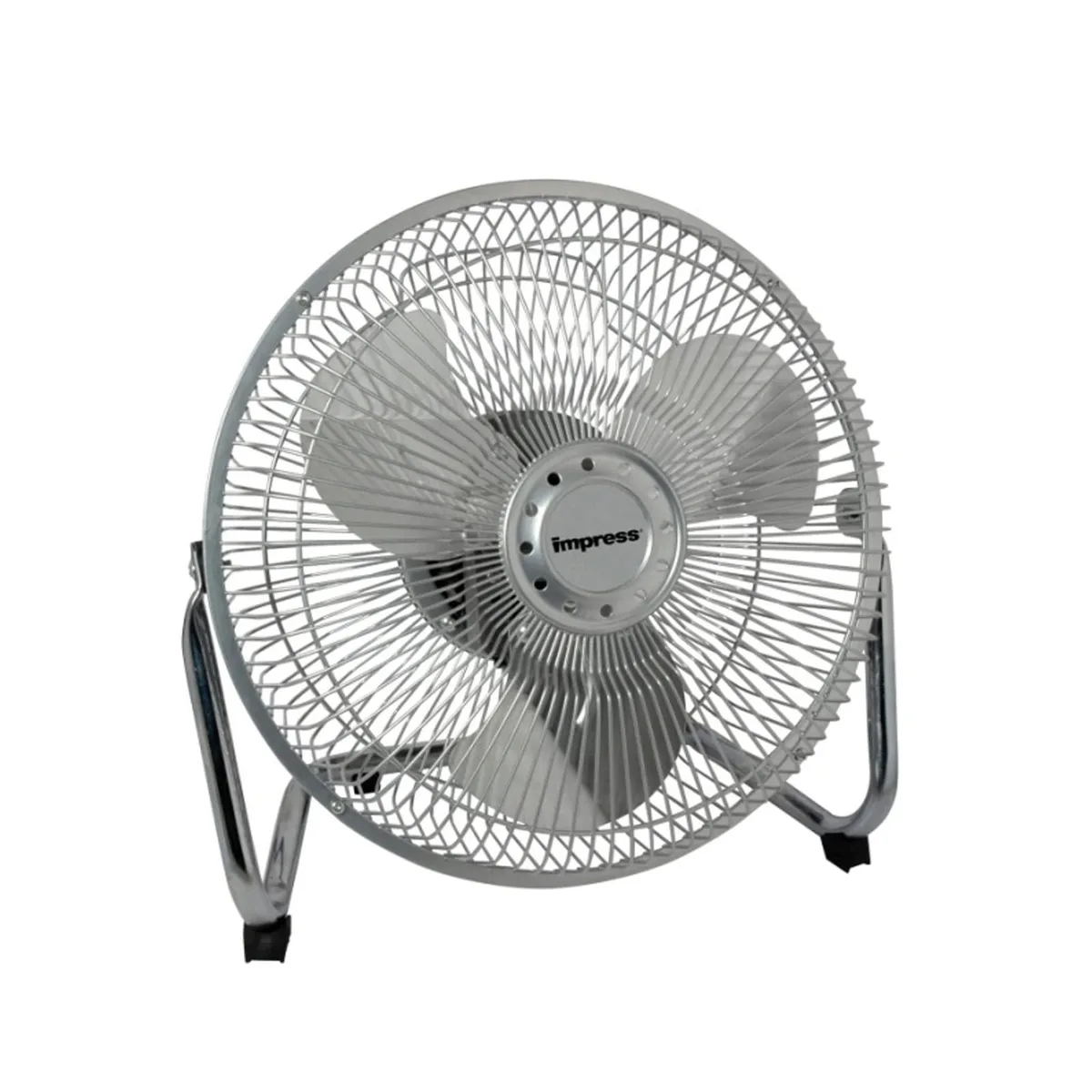 White metal 9-inch floor fan on rubber feet, chrome finish, three-button control, 45 decibels