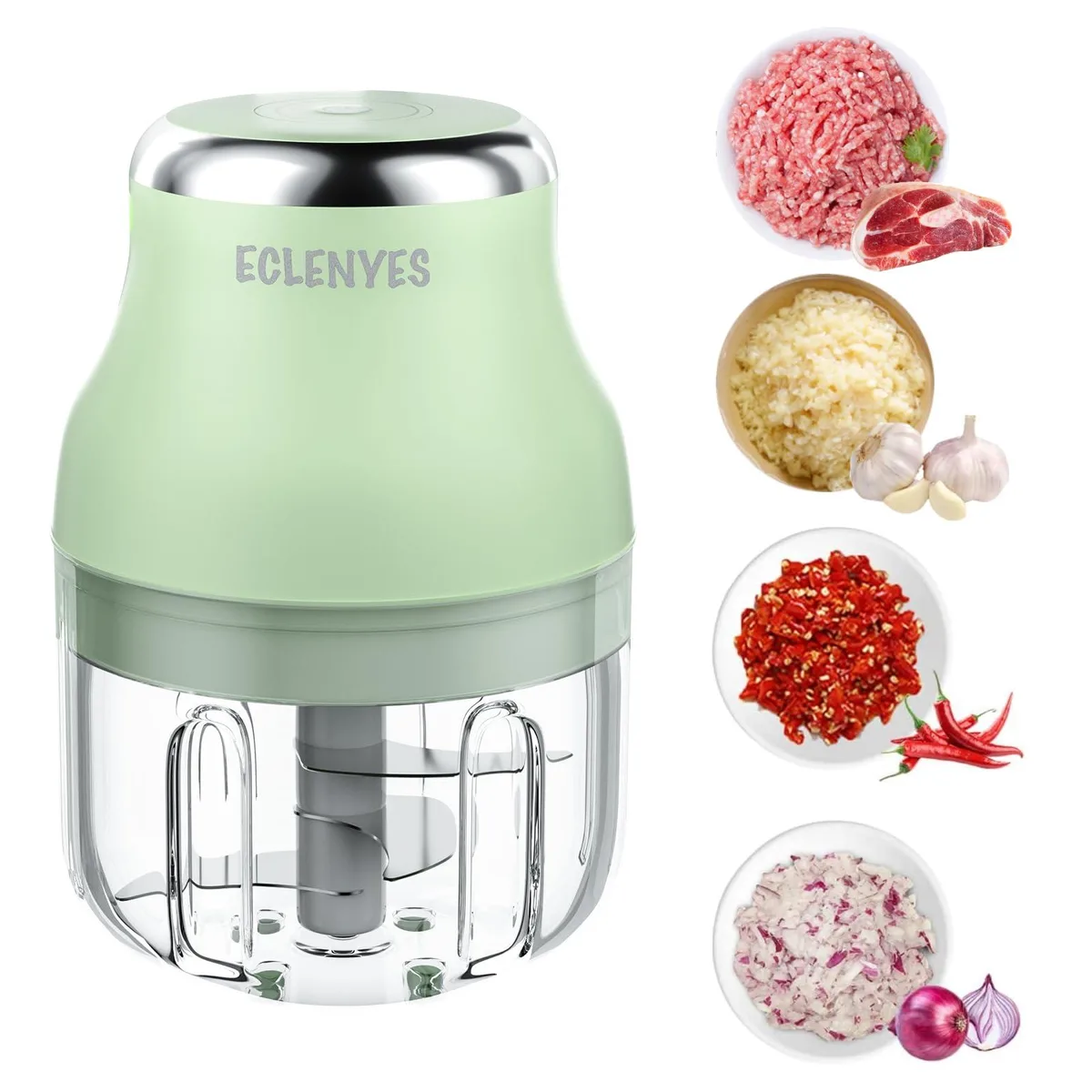 Green compact electric garlic chopper with USB charging port and stainless steel blades
