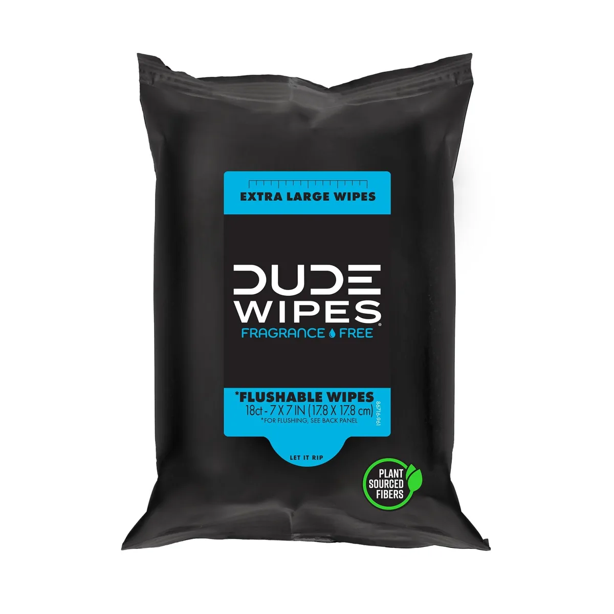 Rectangular plastic pack of 18 flushable wipes, unscented, plant-sourced fibres