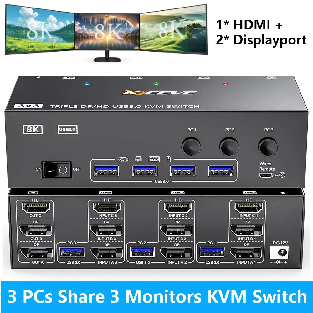 IHDAPP IHDAPP KVM Switch 3 Monitors 3 Computers 8K@60Hz 4K@144Hz 1 HDMI 2 DisplayPort 4 USB 3.0 Wired Remote — product photo