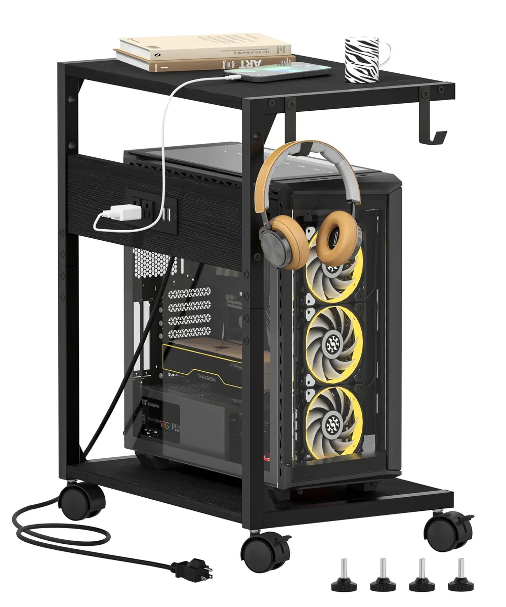 Black two-tier rolling PC stand with built-in power strip, USB ports, hooks and lockable wheels
