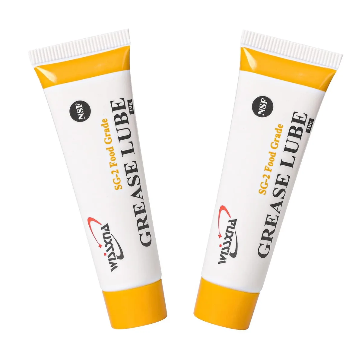 Two small white tubes of food-grade silicone grease on a plain background