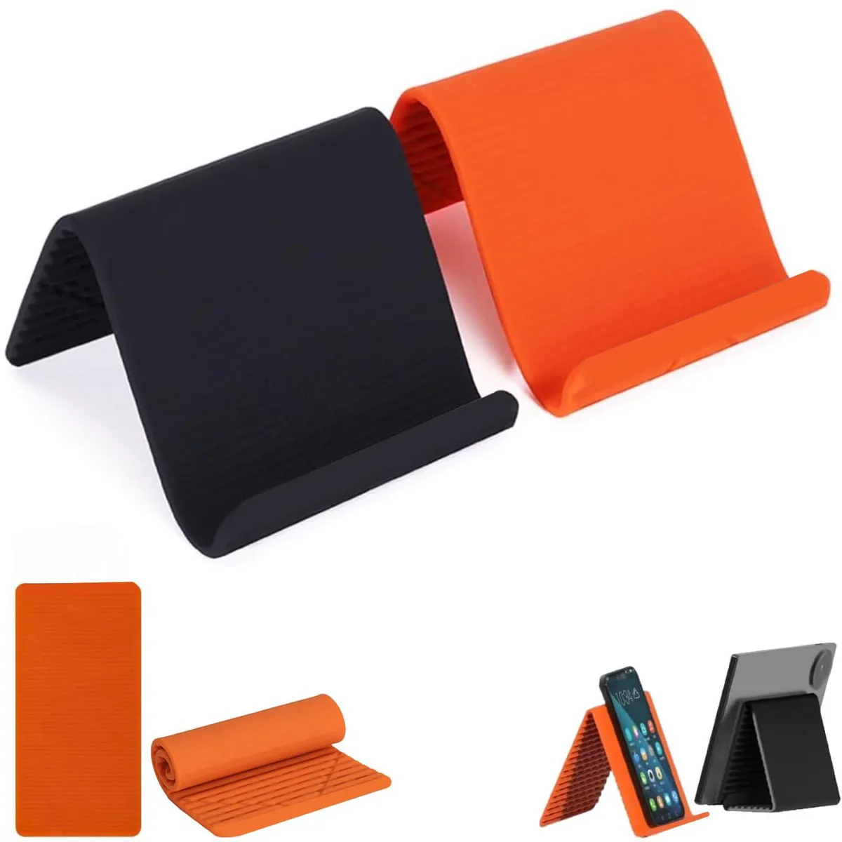 Two flexible black and orange silicone phone stands with bendable aluminum cores, folded flat
