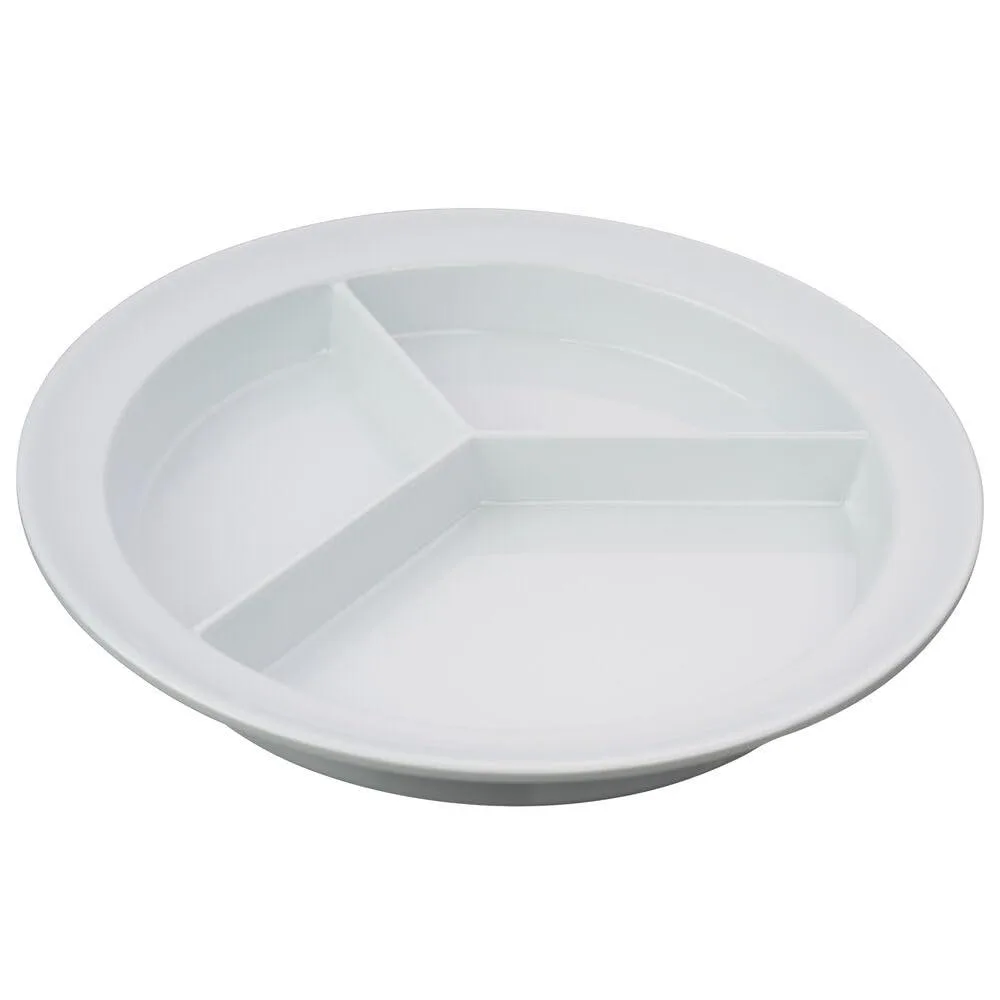 White melamine partitioned scoop dish with three raised sections and high walls