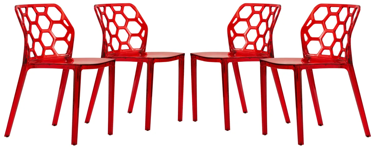 LeisureMod LeisureMod Dynamic Honeycomb Stackable Chair Transparent Red Set of 4 — product photo