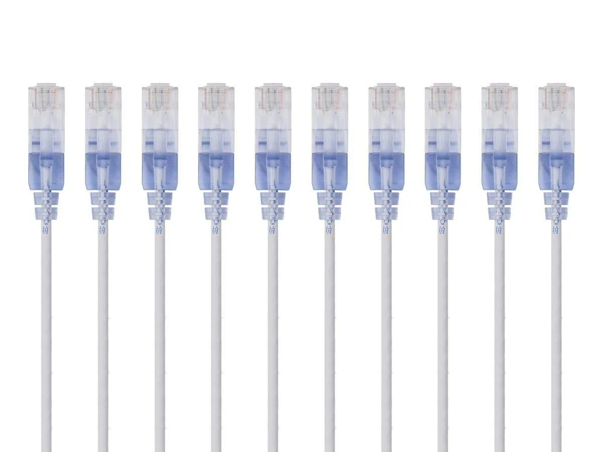 Ten white ultra-thin Cat6A patch cables with narrow snagless RJ45 connectors