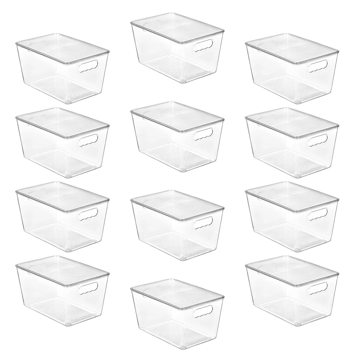 Twelve clear rectangular plastic bins with red lift-off lids and side handles, stacked together