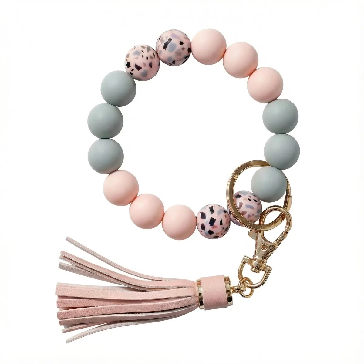 Silicone beaded keychain bracelet with 16 beads silver finish 2.5 inch diameter