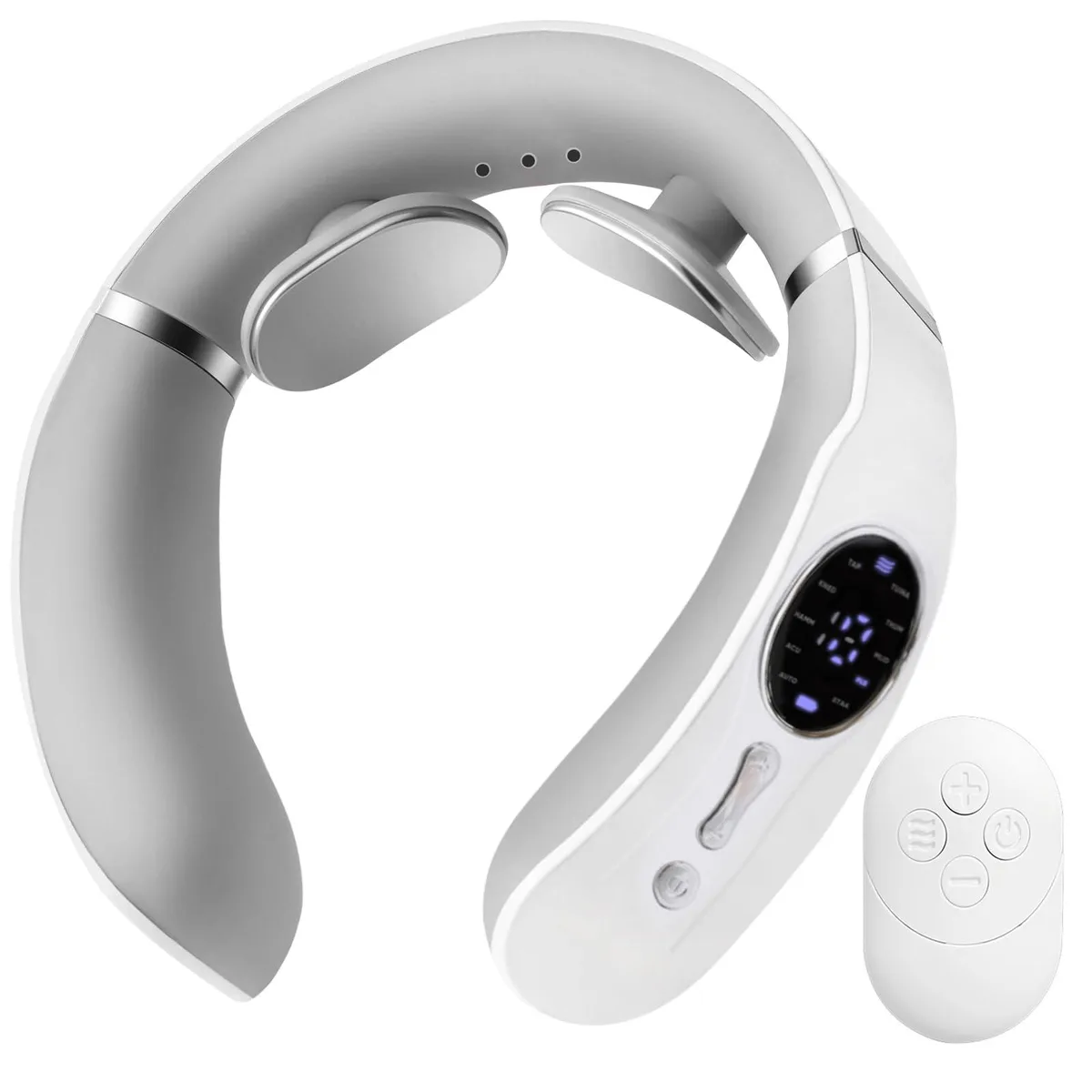 White curved neck massager with remote control, 130g lightweight design