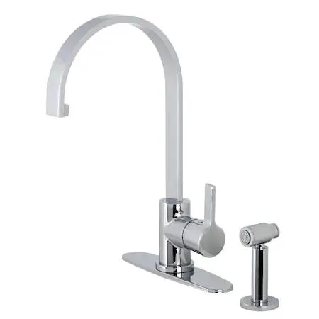 Single-handle kitchen faucet with brass side sprayer, polished chrome finish, curved spout