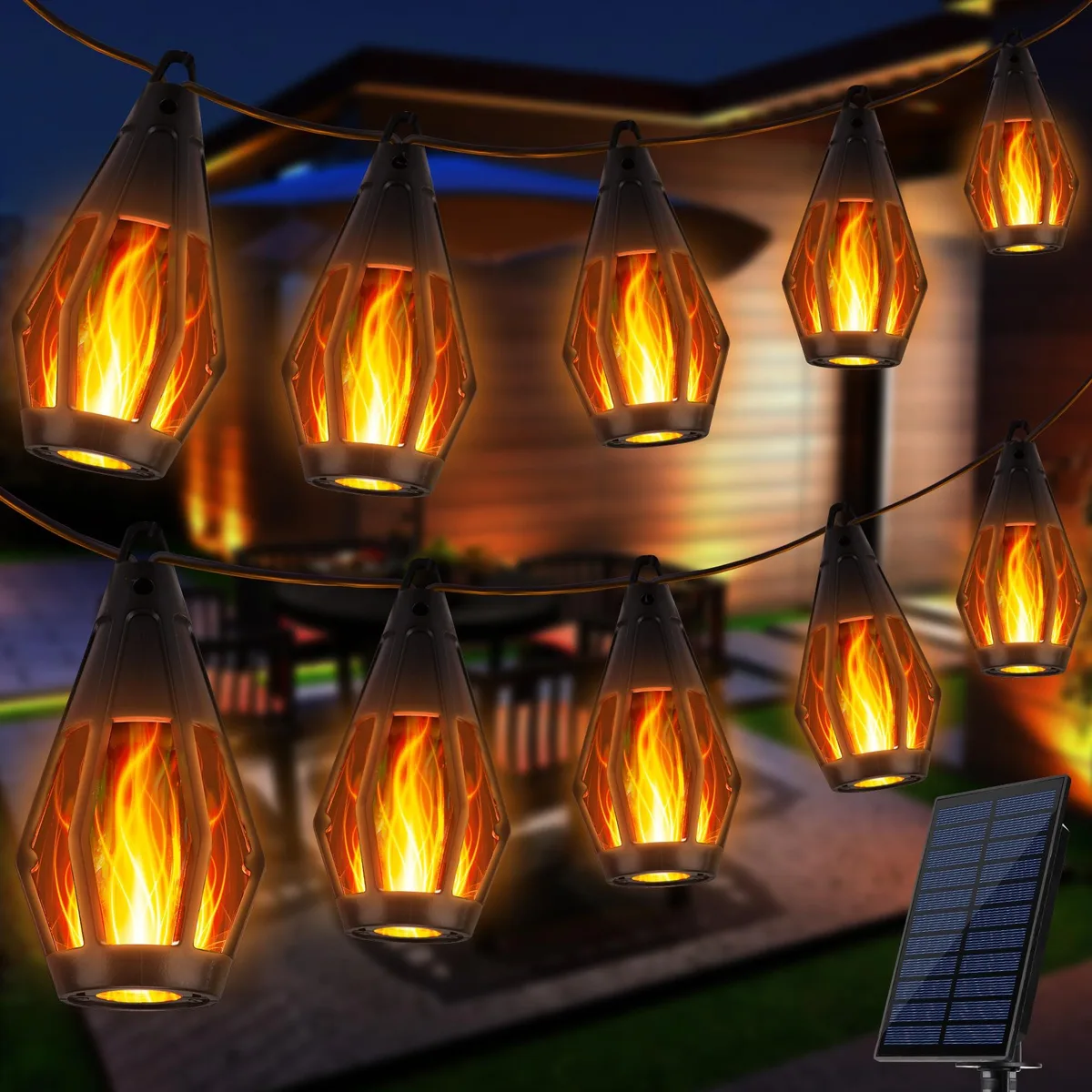 Ten warm white LED flame bulbs on blue wire with solar panel and ground stake