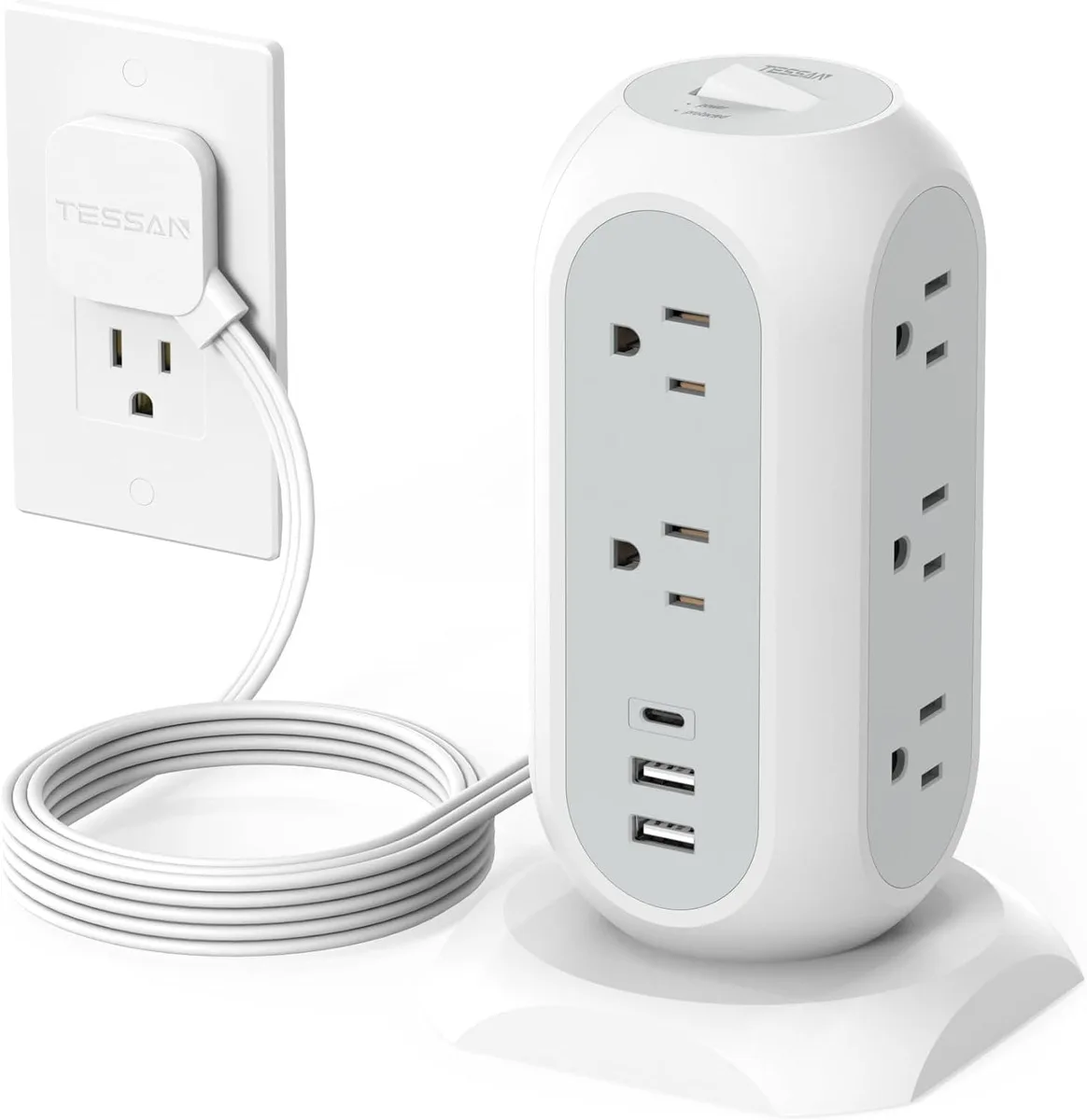 BFKK BFKK Tower Power Strip 11 Outlets 3 USB 1 USB C 1625W 13A 1050J 6ft Flat Plug 45° 0.31in Power Adapter — product photo