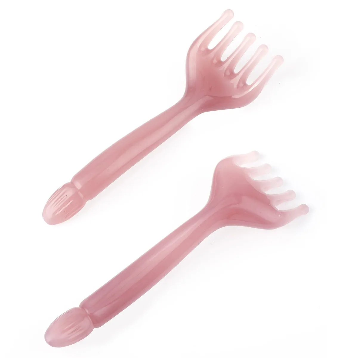 Two pink and purple resin scalp massagers with five curved claws each