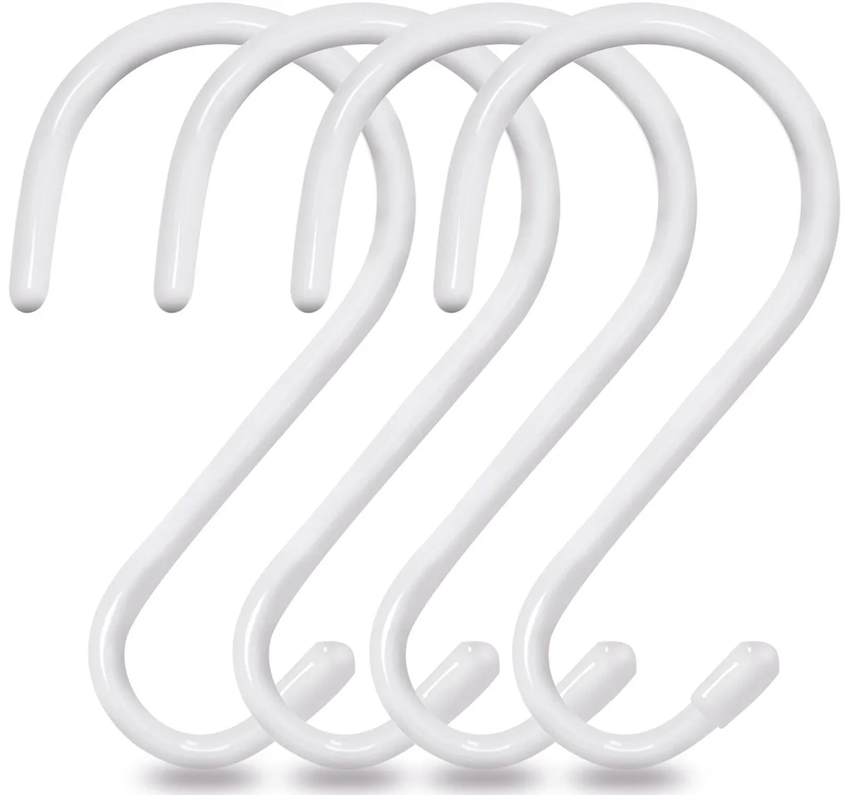 Four white vinyl-coated metal S hooks, six inches long